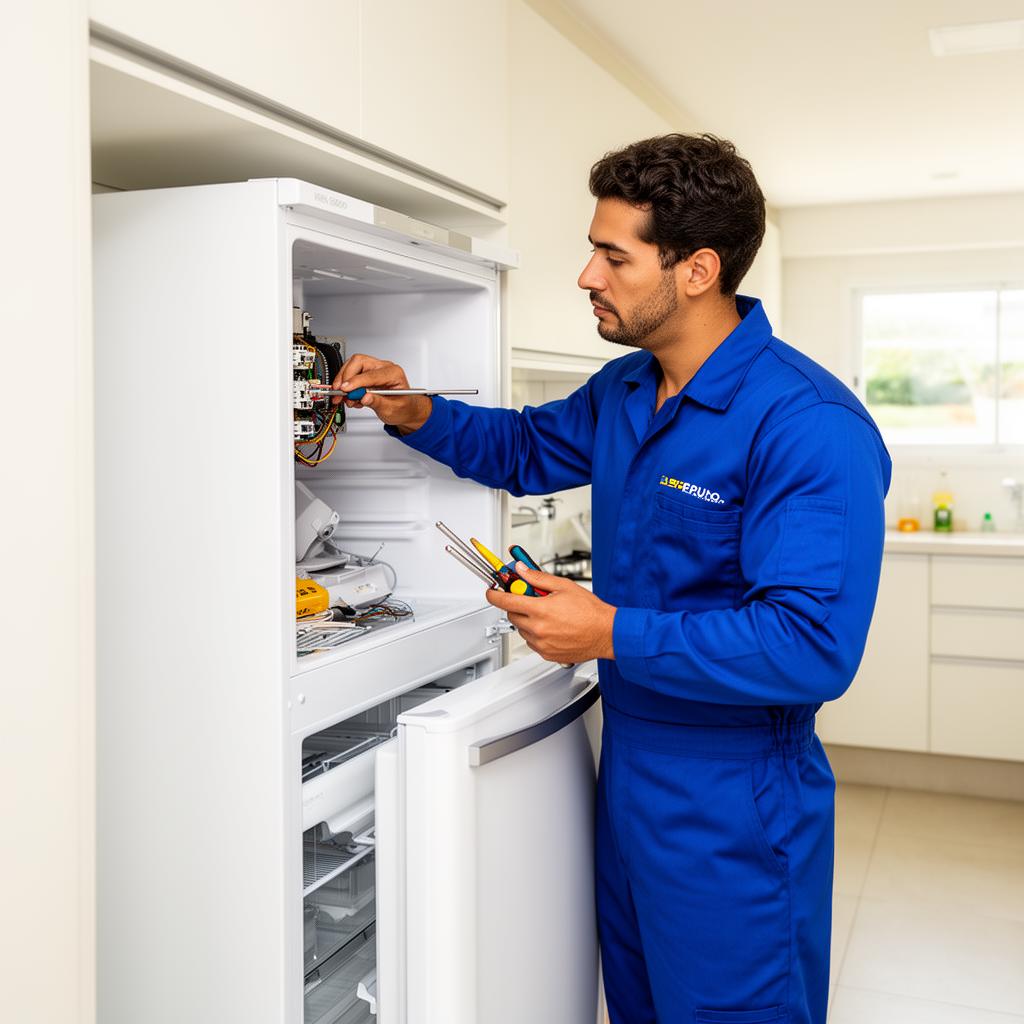 Técnico da DH Refrigeração consertando geladeira em Salvador